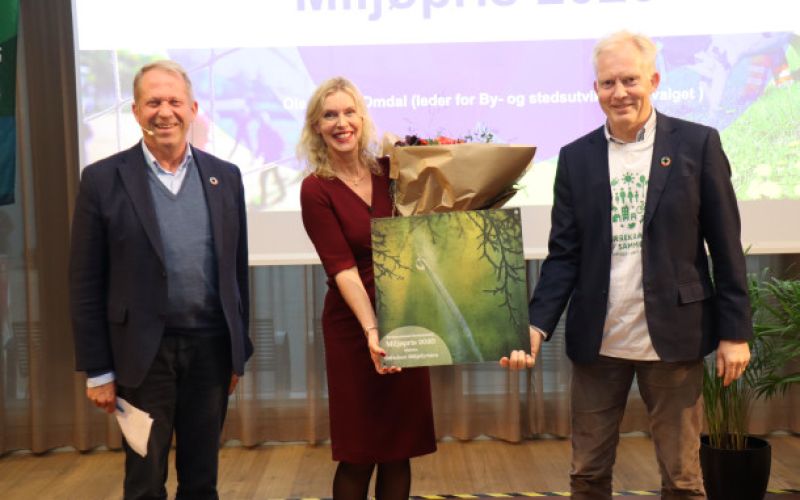 To menn og en dame poserer med blomster og diplom