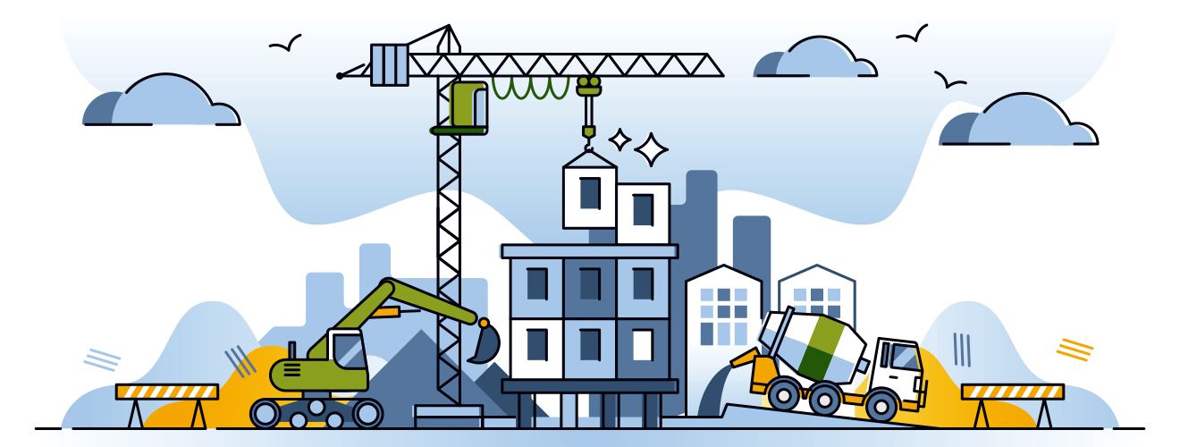Grafisk illustrasjon av maskiner og anleggsarbeid
