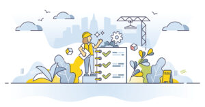 Grafisk illustrasjon av person med hjelm som representerer bygge- og anleggsarbeider som peker på en sjekklister