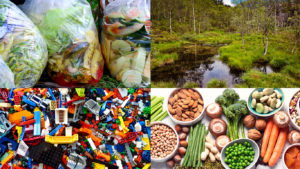 Bilde av ulike motiver som illustrerer plastleker, matavfall, natur og bærekraftig mat