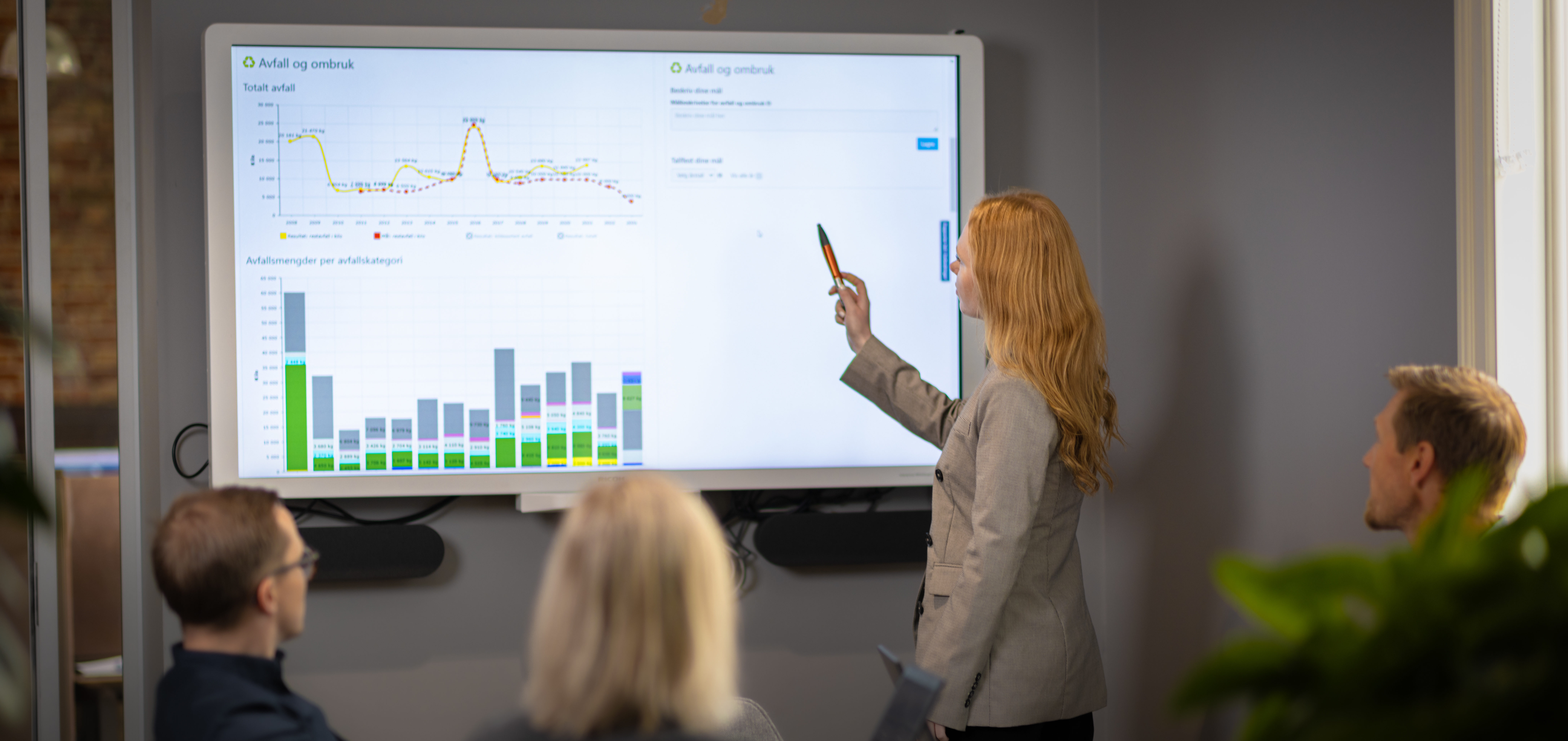 Bilde av dame som peker på grafer på skjerm foran et møtebord med mennesker